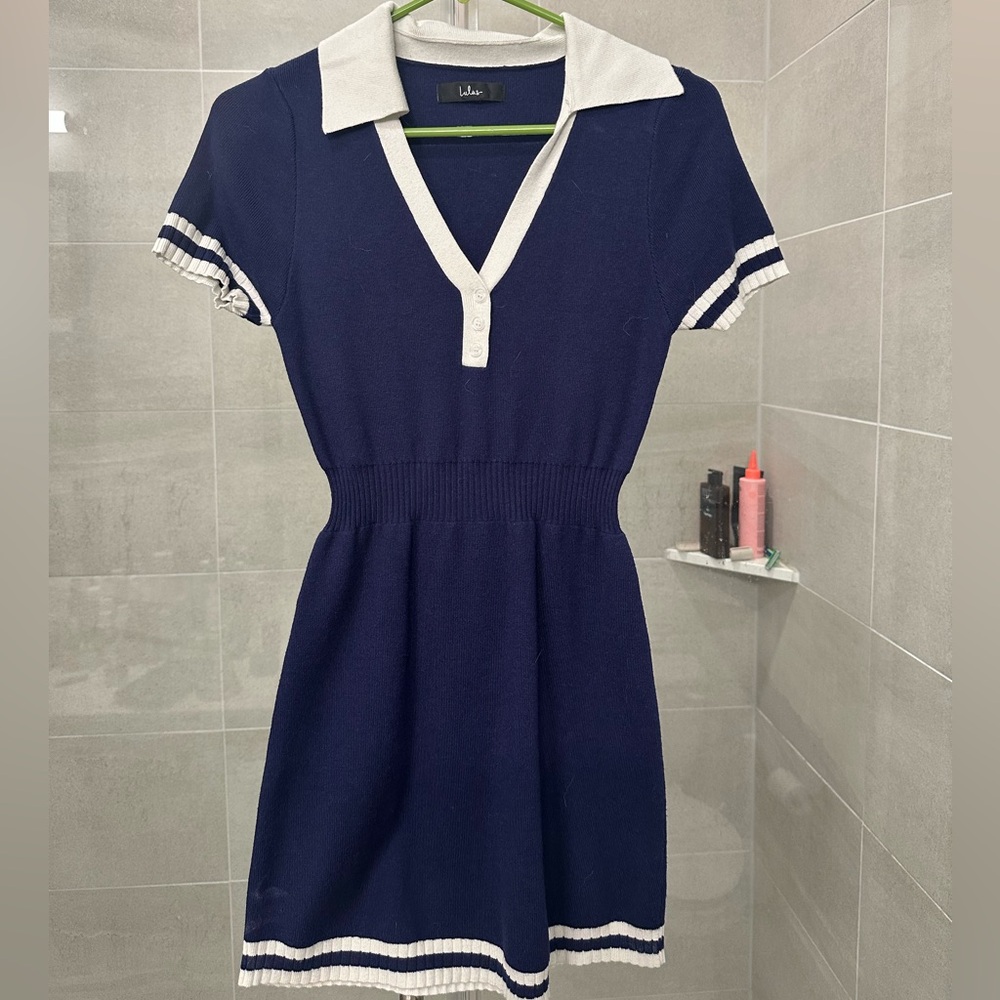 Navy Blue and White Collared Dress